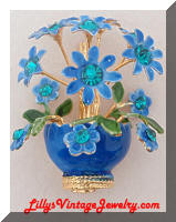 3D blue enamel rhinestone flowers vase brooch