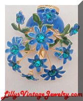 3D blue enamel rhinestone flowers vase brooch