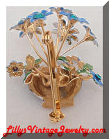 3D blue enamel rhinestone flowers vase brooch