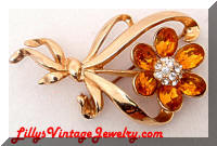 Vintage Golden Citrine Rhinestones Floral Brooch