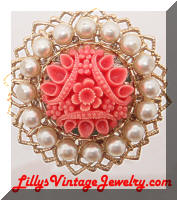 Vintage faux Pearls Coral Celluloid Brooch