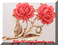 Vintage Coral Celluloid Roses Brooch