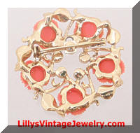 Coral Roses AB Rhinestones Circle Vintage Brooch