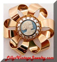 Vintage Ribbon Rhinestones Cameo Brooch