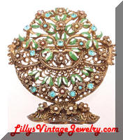 Vintage Enamel Rhinestones Vase Floral Brooch