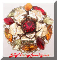 Vintage Marquise Red Yellow Orange Rhinestones Floral Brooch