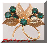 Vintage Green Rhinestones Leaves Floral Brooch