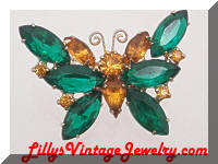 Vintage Green Orange Rhinestones Butterfly Brooch