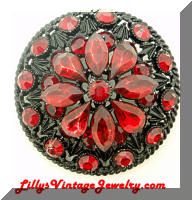 Vintage Japanned Black Red Rhinestones Glitz Brooch