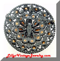 Vintage Japanned Black Red Rhinestones Glitz Brooch Pendant