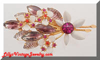 Vintage Lavender Art Glass Rhinestones Floral Spray Brooch