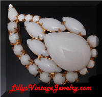 Vintage Milk Glass White Rhinestones Comma Brooch