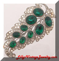 Vintage Clear and Green Rhinestones Leaf Brooch