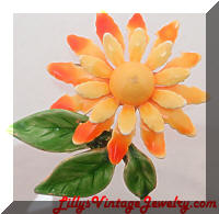 Vintage Orange Green Enamel Flower Brooch
