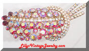 AB Pink Red Rhinestones Leaf Vintage Brooch