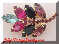 Vintage Pink Purple Blue Rhinestones Leaf Brooch