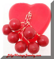 Vintage Red Celluloid Heart Bakelite Cherries Brooch