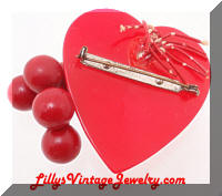 Vintage Red Celluloid Heart Bakelite Cherries Brooch