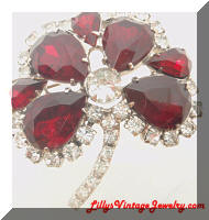 Vintage Red Clear Rhinestones Clover Brooch