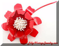 Vintage 3D Red White Enamel Flower Power Brooch