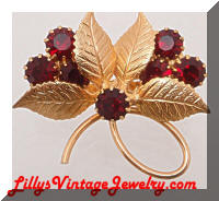 Vintage Red Rhinestones Leaves Floral Brooch