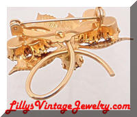 Vintage Red Rhinestones Leaves Floral Brooch