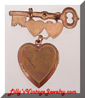 Vintage Golden Key Heart Locket MOP Sweetheart Brooch