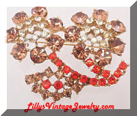 Vintage Floral Topaz Orange Rhinestones Brooch