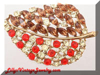 Vintage Topaz Orange Rhinestones Leaf Brooch