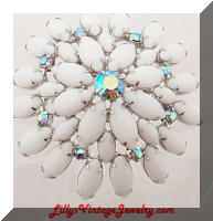 Vintage White Milk Glass AB Blue Rhinestones Brooch