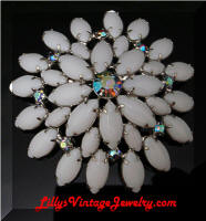 Vintage White Milk Glass AB Blue Rhinestones Brooch