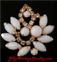 Vintage Milk Glass Cabs Rhinestones Brooch