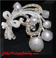 Vintage White Enamel Moonglow Floral Rhinestones Brooch