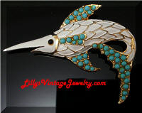 Vintage Enamel Turquoise Beads Sword Fish Brooch