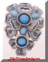 Vintage Floral Silver Blue Cabs Rhinestones Dress Clip