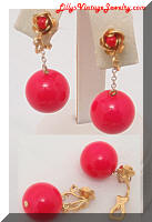 Vintage 1968 Red Bead Dangling Drop Floral Earrings