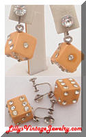 Vintage Bakelite Cream Rhinestones Dice Dangle Earrings