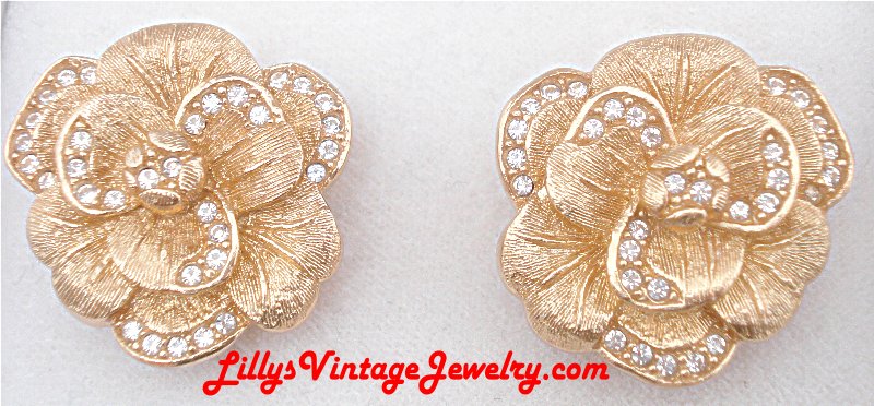 Christian DIOR Golden Rhinestones Roses Earrings w/ Box from lillysvintagejewelry.com