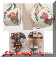 Cloisonne White Floral Vintage Hoop Earrings