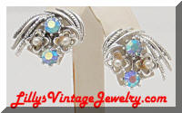 Vintage CORO AB Rhinestones Pearls Floral Earrings