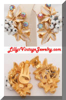 Vintage Florenza Enamel Beads Rhinestones Leaf Earrings