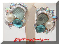 Vintage KARU AB Rhinestones Aqua Shells Earrings