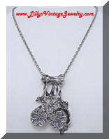 Vintage Modernist Silver tone Apple Blossom Flowers Pendant Necklace