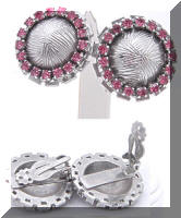 Vintage Silver tone Pink Rhinestones Button Earrings