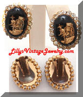 Vintage Gold Black Glass RickShaw Rhinestones Earrings