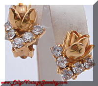 Gold tone Roses Over Rhinestones Earrings