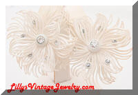 Vintage W. GERMANY White Plastic Floral Rhinestones Earrings