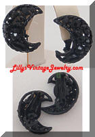 Vintage WEISS Black Japanned Rhinestones Crescent Earrings