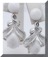 Vintage White Plastic Drop Dangle Silver tone Earrings