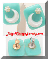 Vintage Aqua Plastic Moon Floral Earrings